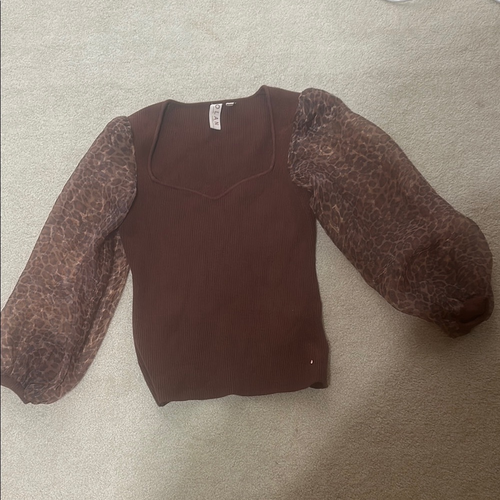 Dolan Brown Fitted Asymmetrical Puff Sleeve Blouse